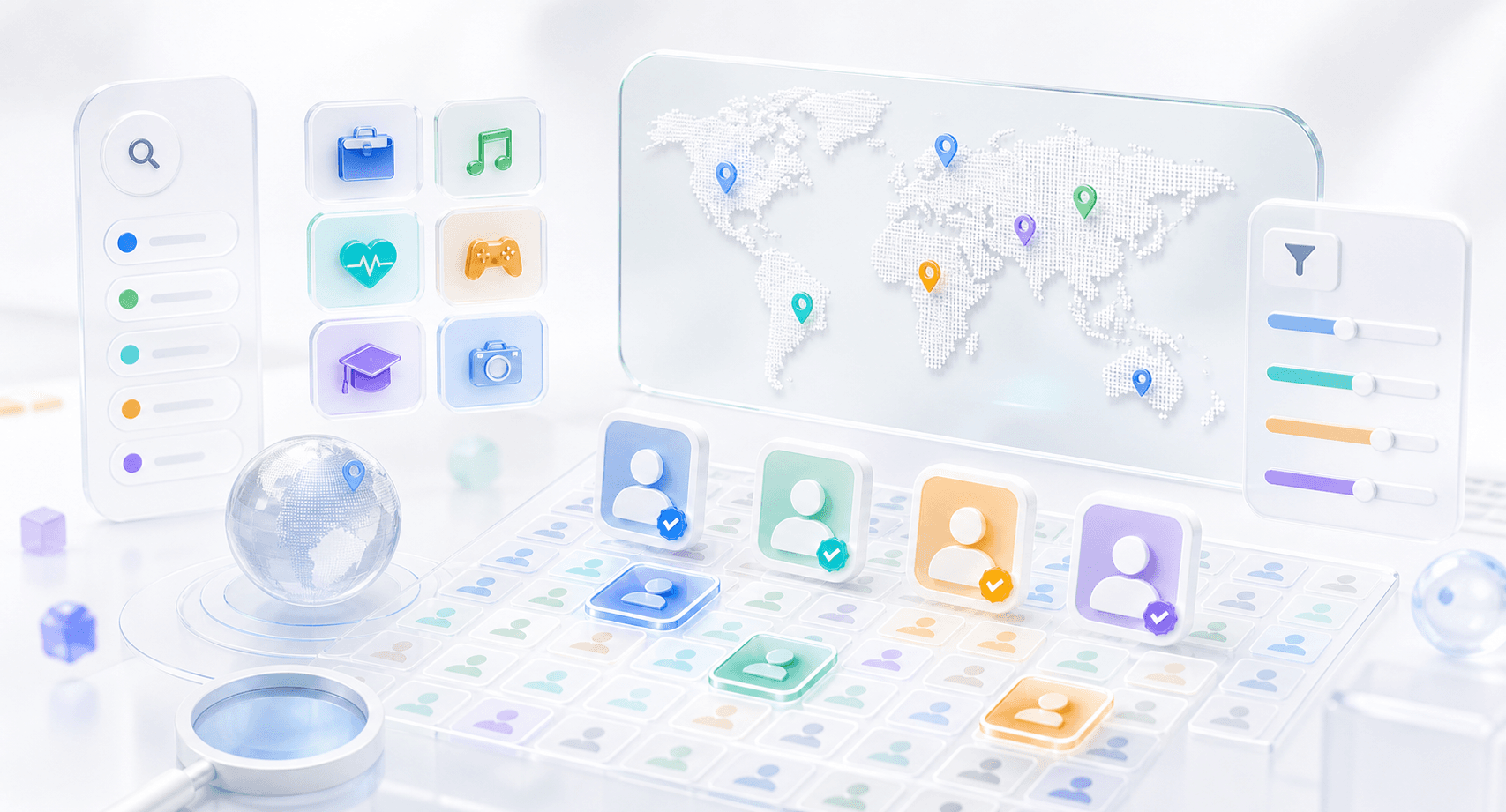 Directory discovery visual with map pins and category filters
